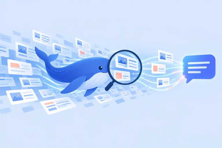 Illustration: ein Wal-förmiges Suchsymbol durchsucht ein Netz aus Webseiten und reicht Ergebnisse an eine Chat-Blase weiter
